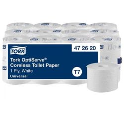 TORK Toalettpapír, belsőmag nélküli, T7 rendszer, 1 rétegű, 13,1 cm átmérő, Universal, TORK "OptiServe", fehér