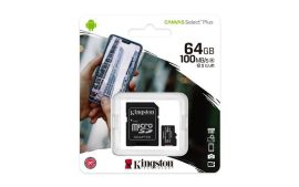 KINGSTON Memóriakártya, microSDXC,64GB, CL10/UHS-I/U1/V10/A1, adapter, KINGSTON "Canvas Select Plus"