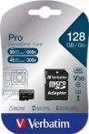   VERBATIM Memóriakártya, microSDXC, 128GB, CL10/U3, 90/45 MB/s, adapter, VERBATIM "PRO"