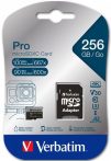   VERBATIM Memóriakártya, microSDXC, 256GB, CL10/U3/A2, 100/90 MB/s, adapter, VERBATIM "PRO"