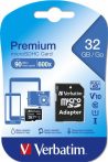   VERBATIM Memóriakártya, microSDHC, 32GB, CL10/U1, 90/10 MB/s, adapter, VERBATIM "Premium"