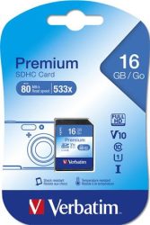 VERBATIM Memóriakártya, SDHC, 16GB, CL10/U1, 80/10 MB/s, VERBATIM "Premium"