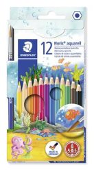 STAEDTLER Akvarell ceruza készlet, hatszögletű, ecsettel, STAEDTLER "Noris® aquarell 144 10", 12 különböző szín