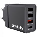   VERBATIM Hálózati töltő, 1xUSB-C PD (20W), USB-A QC 3.0, 2xUSB-A (10W), VERBATIM, fekete