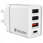   VERBATIM Hálózati töltő, 1xUSB-C PD (20W), USB-A QC 3.0, 2xUSB-A (10W), VERBATIM, fehér